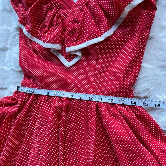 🔥Vintage 80s Swiss Polkadots Striped Ruffled Overlay Full Skirt Dopamine Dress - Picture 16 of 17
